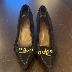 Elegant Black Suede Women's Shoes with Gold Accents